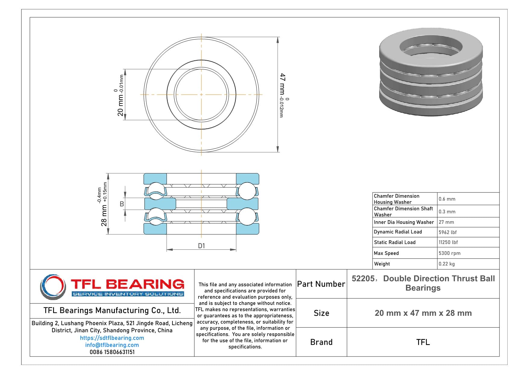 Double Direction Thrust Ball Bearings 52205 Drawing.dwg