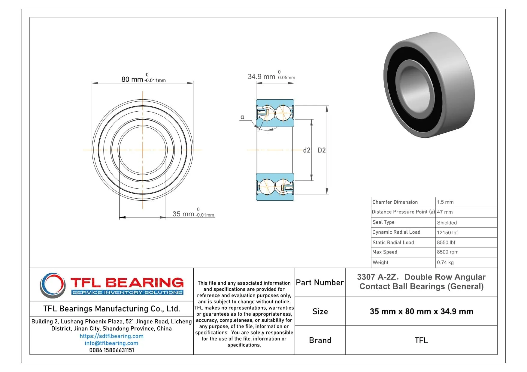 Double Row Angular Contact Ball Bearings (General) 3307 A-2Z Drawing.dwg