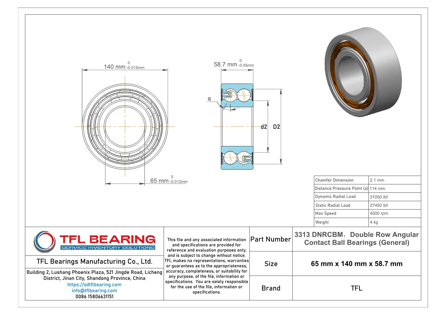 Double Row Angular Contact Ball Bearings (General) 3313 DNRCBM Drawing.dwg