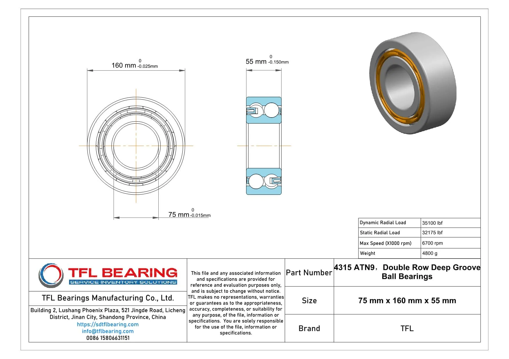 Double Row Deep Groove Ball Bearings 4315 ATN9 Drawing.dwg