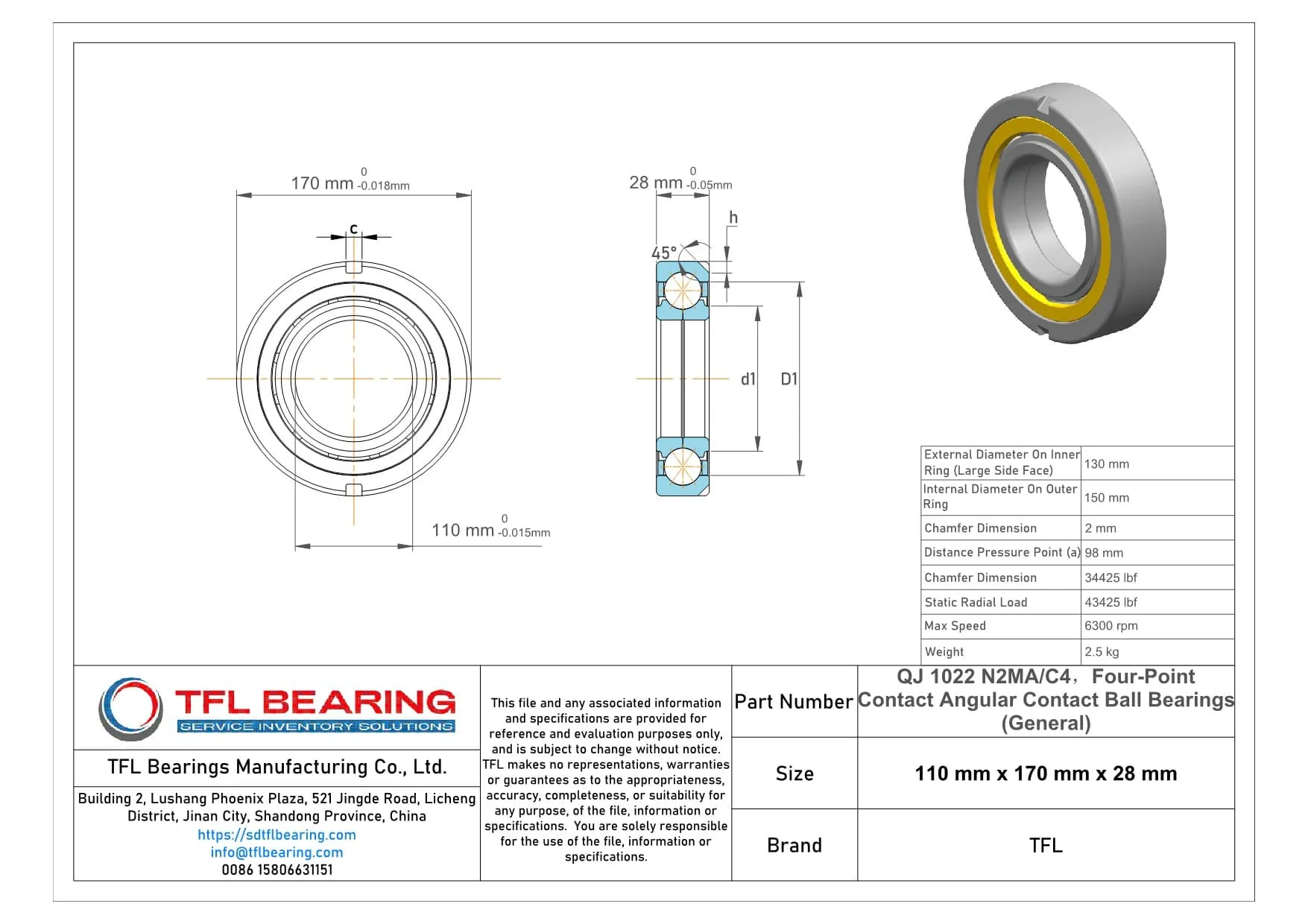 Four-Point Contact Angular Contact Ball Bearings (General) QJ 1022 N2MA/C4 Drawing.dwg
