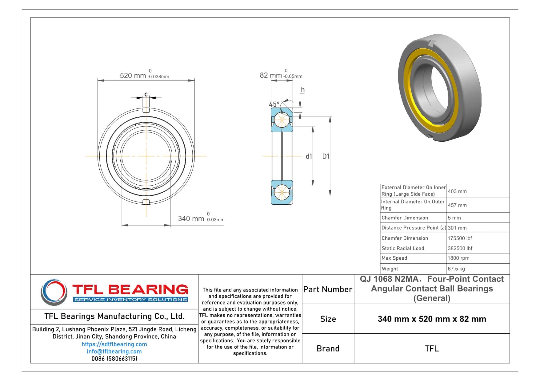 Four-Point Contact Angular Contact Ball Bearings (General) QJ 1068 N2MA Drawing.dwg