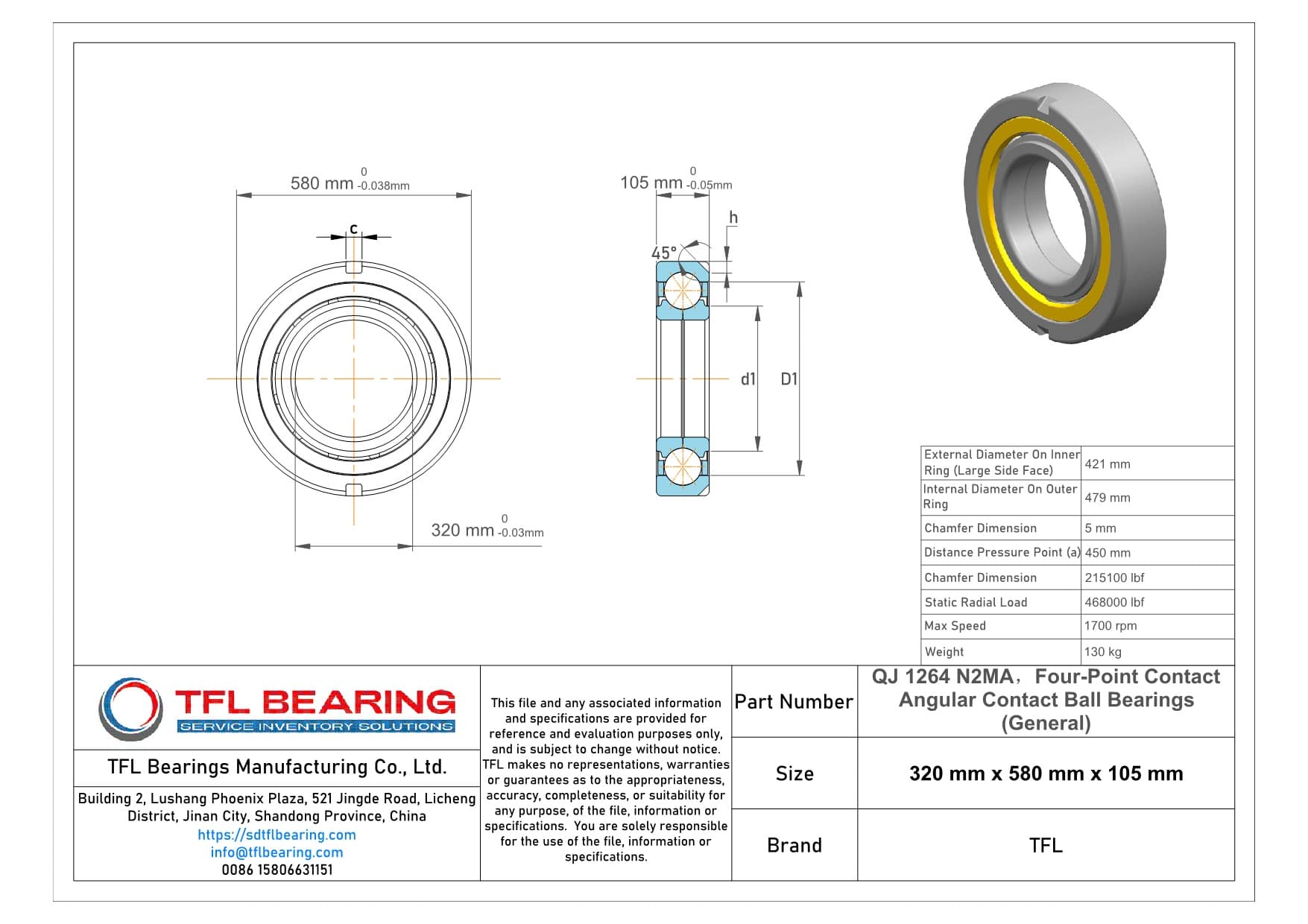 Four-Point Contact Angular Contact Ball Bearings (General) QJ 1264 N2MA Drawing.dwg