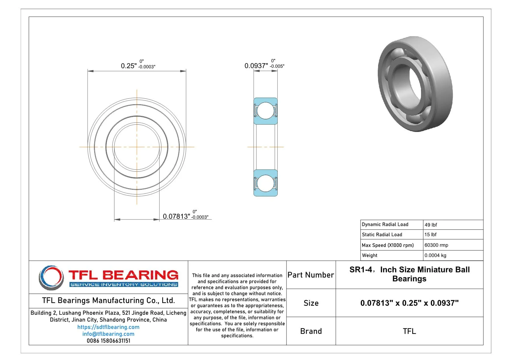 Inch Size Miniature Ball Bearings SR1-4 Drawing.dwg