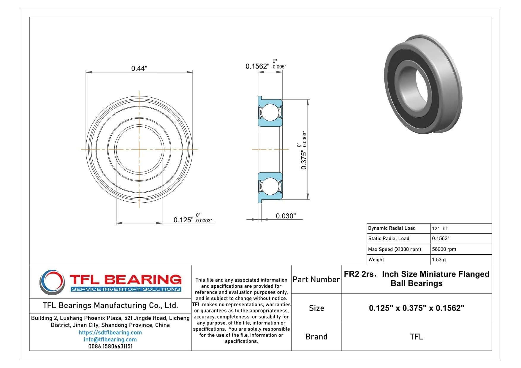 Inch Size Miniature Flanged Ball Bearings FR2 2rs Drawing.dwg