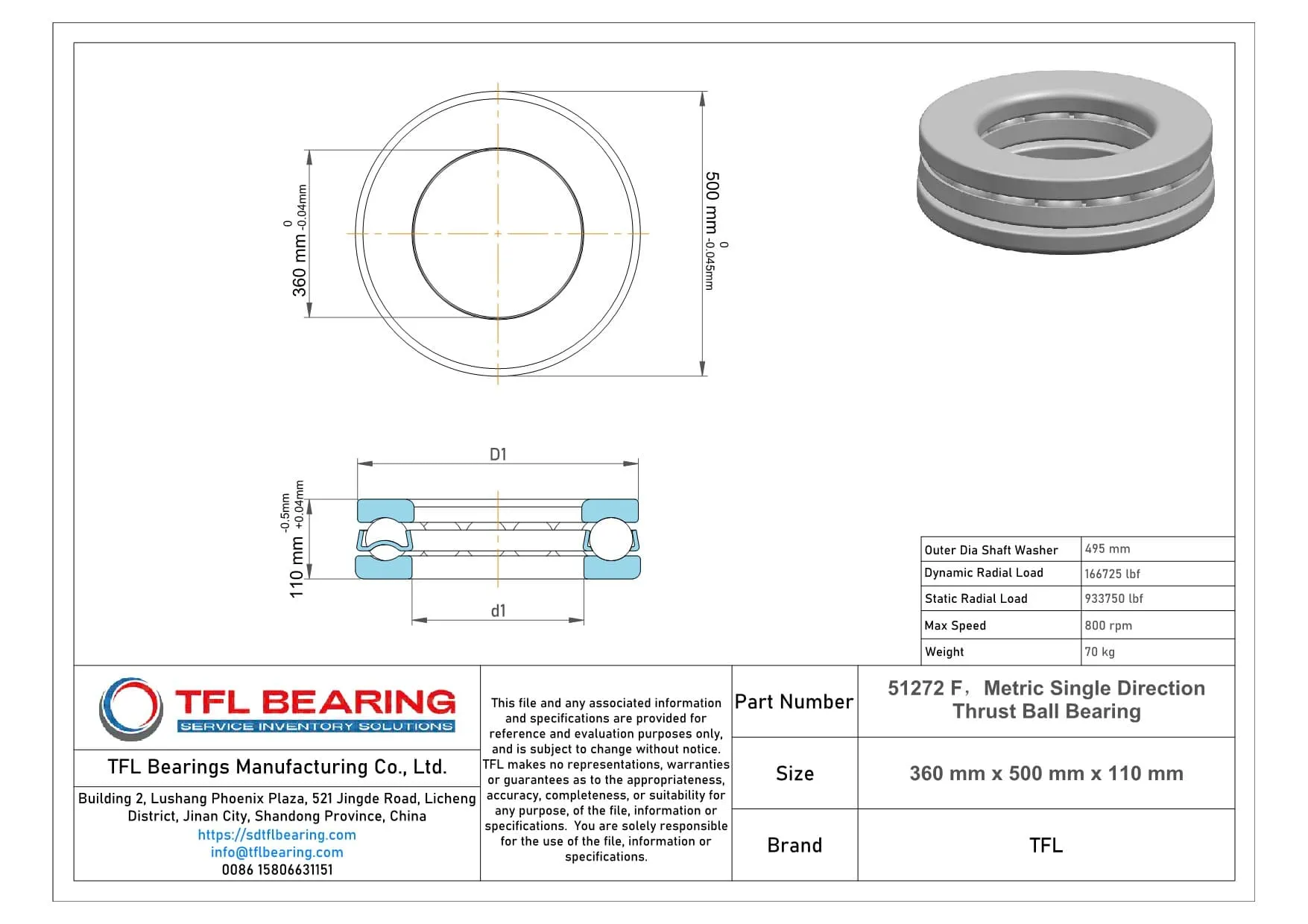 Metric Single Direction Thrust Ball Bearing 51272 F Drawing.dwg
