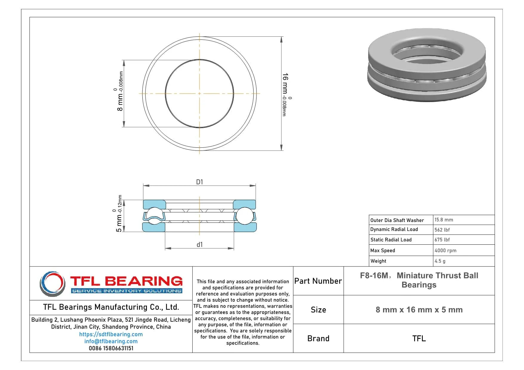 Miniature Thrust Ball Bearings F8-16M Drawing.dwg
