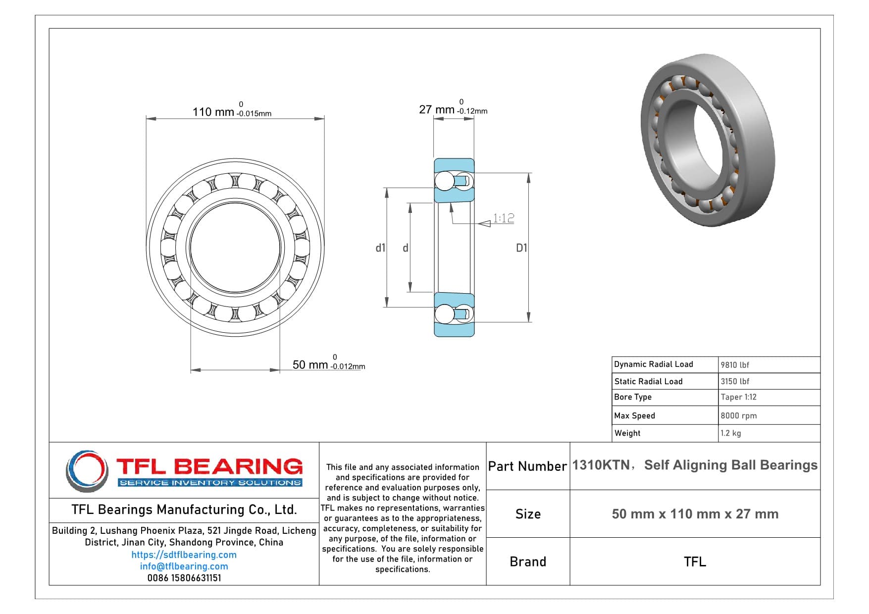Self Aligning Ball Bearings 1310KTN Drawing.dwg