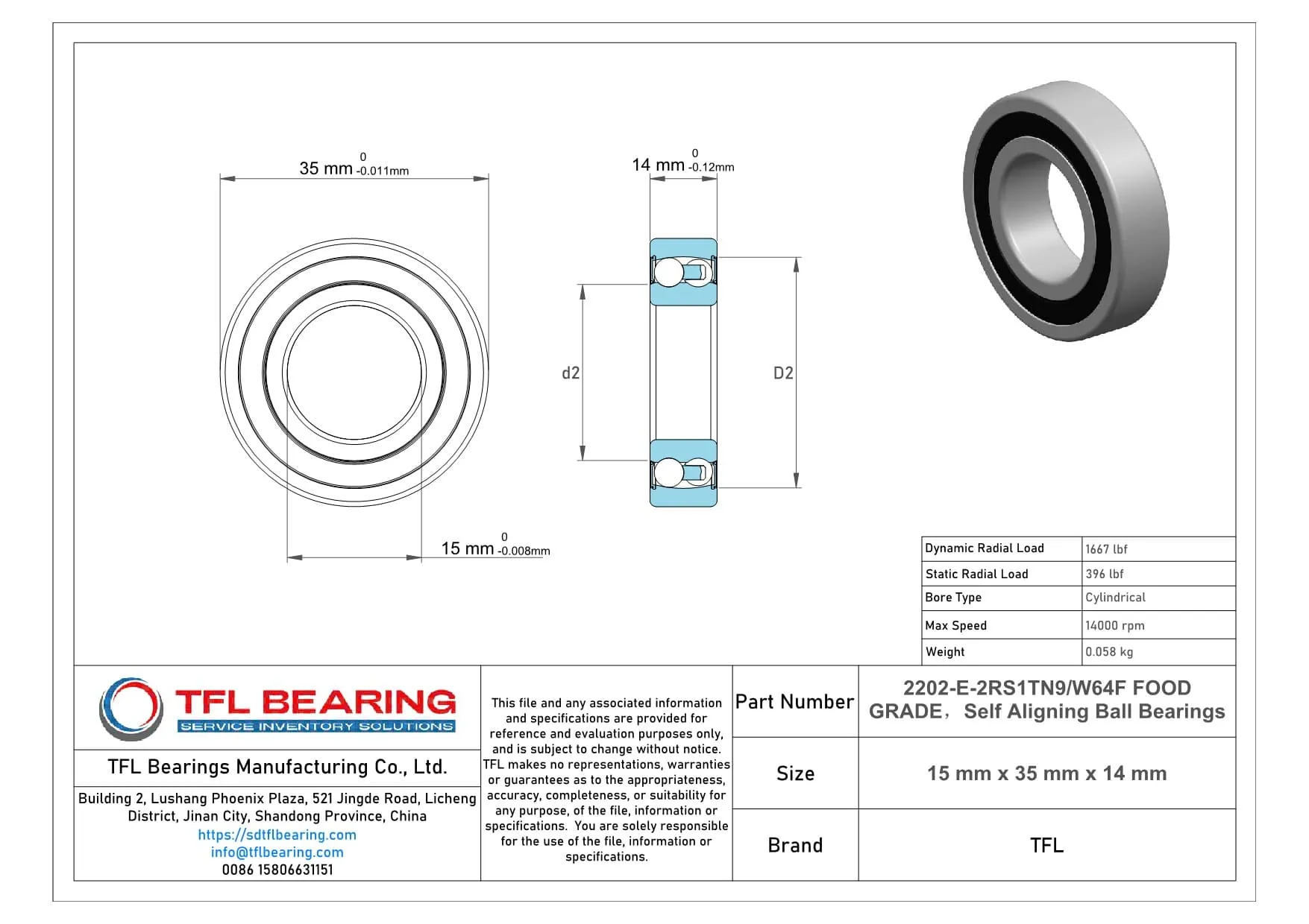 Self Aligning Ball Bearings 2202-E-2RS1TN9/W64F FOOD GRADE Drawing.dwg