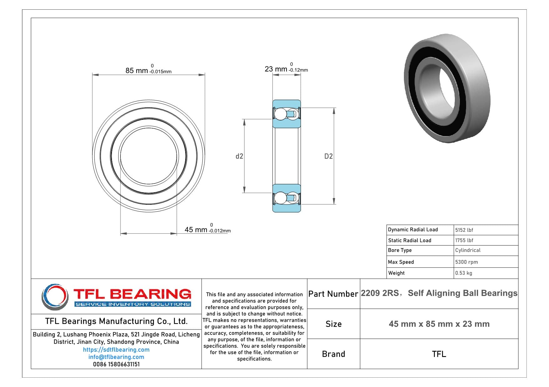 Self Aligning Ball Bearings 2209 2RS Drawing.dwg