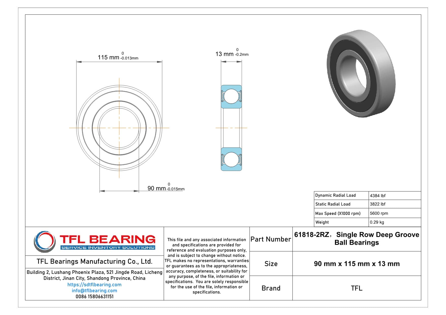 Single Row Deep Groove Ball Bearings 61818-2RZ Drawing.dwg