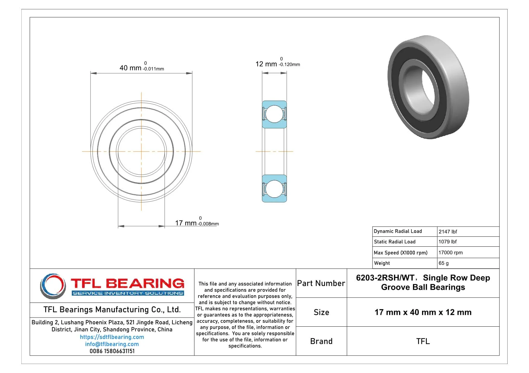 Single Row Deep Groove Ball Bearings 6203-2RSH/WT Drawing.dwg