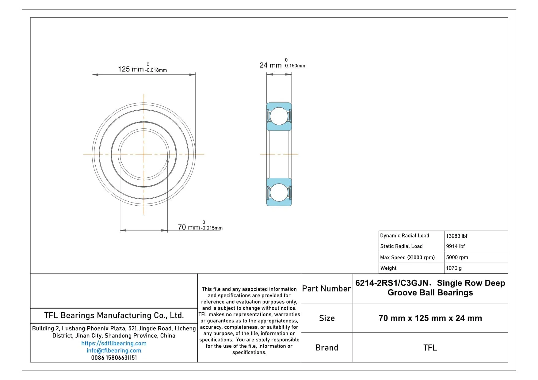 Single Row Deep Groove Ball Bearings 6214-2RS1/C3GJN Drawing.dwg