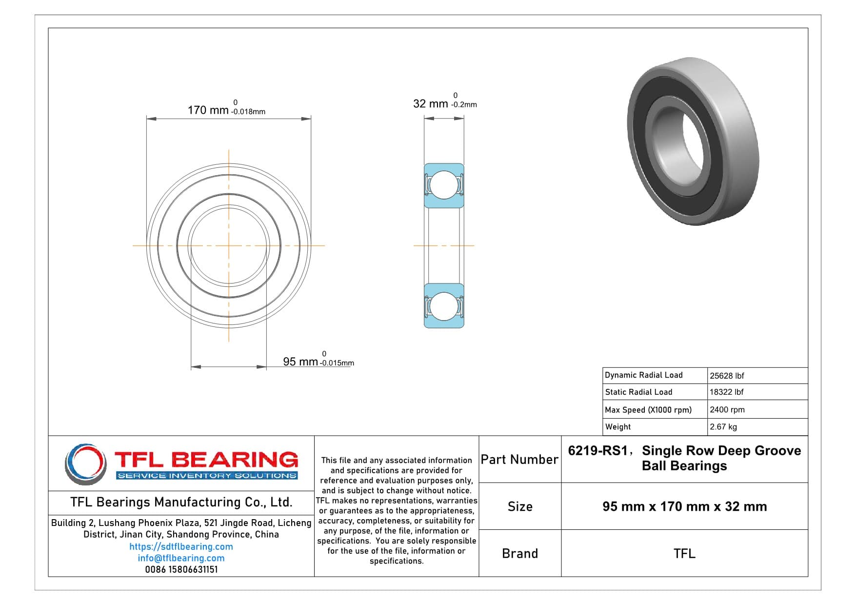 Single Row Deep Groove Ball Bearings 6219-RS1 Drawing.dwg