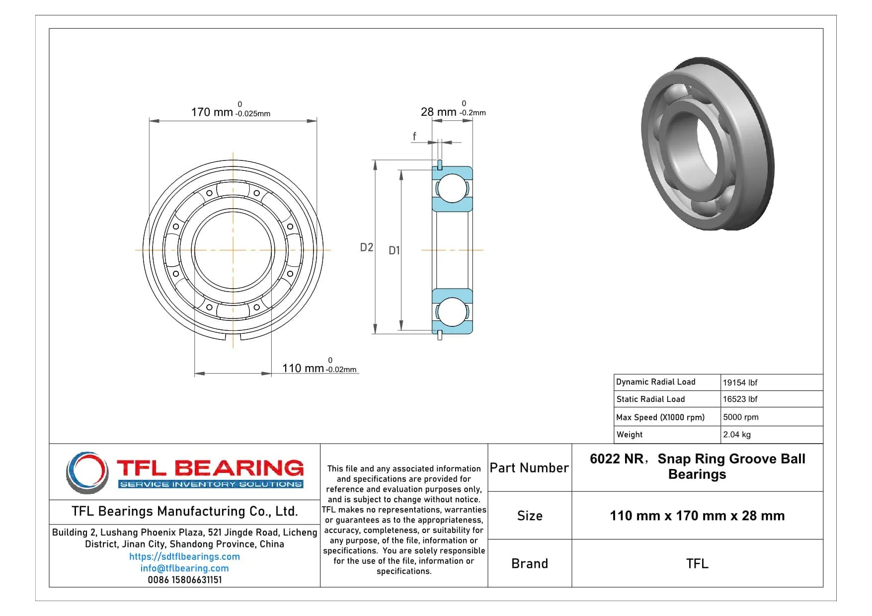Snap Ring Groove Ball Bearings 6022 NR Drawing.dwg