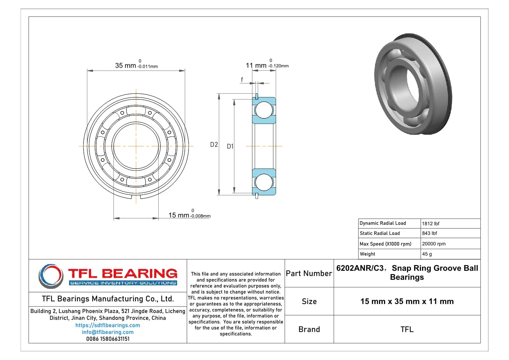 Snap Ring Groove Ball Bearings 6202ANR/C3 Drawing.dwg