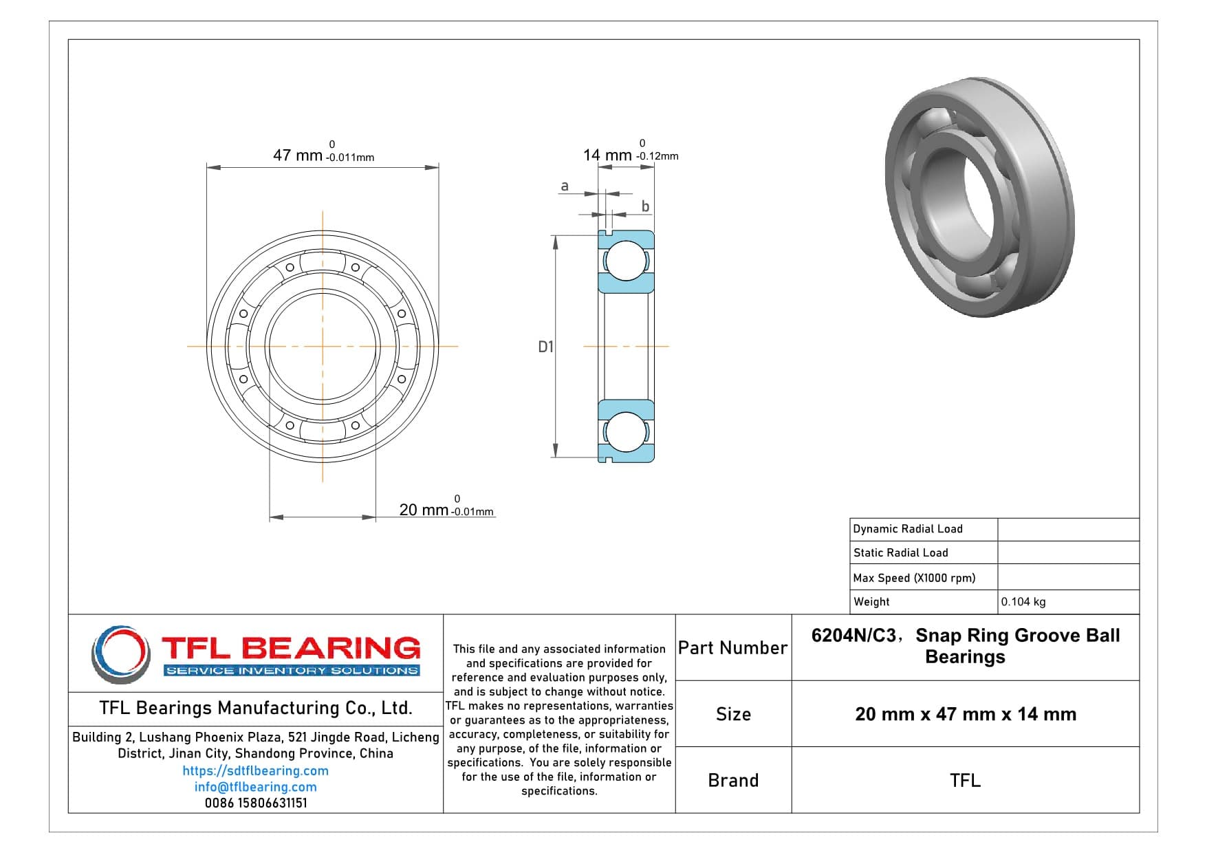 Snap Ring Groove Ball Bearings 6204N/C3 Drawing.dwg