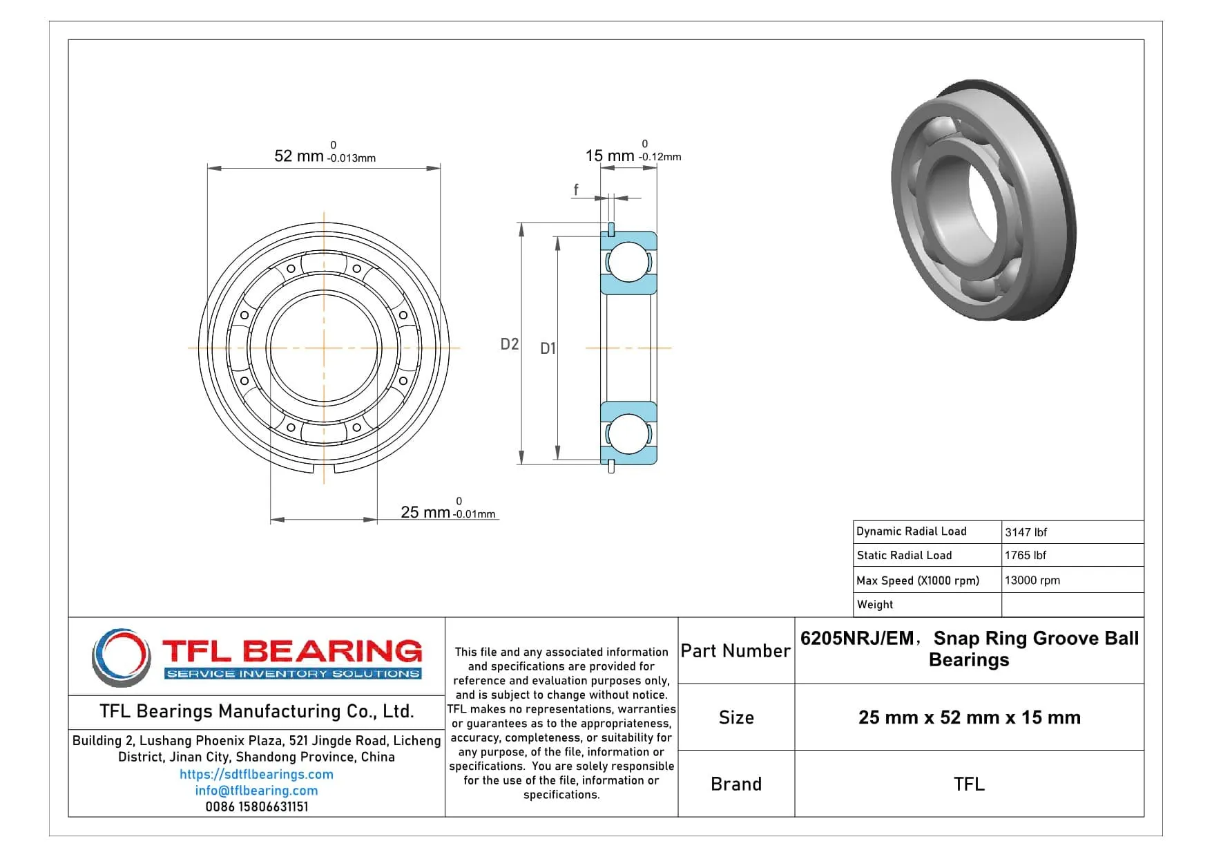 Snap Ring Groove Ball Bearings 6205NRJ/EM Drawing.dwg