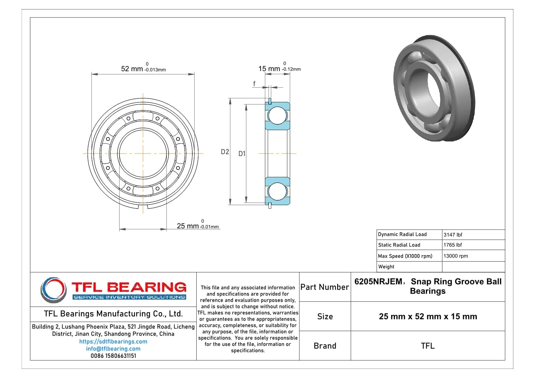 Snap Ring Groove Ball Bearings 6205NRJEM Drawing.dwg