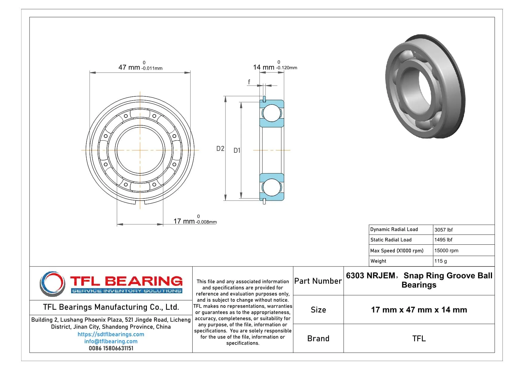 Snap Ring Groove Ball Bearings 6303 NRJEM Drawing.dwg