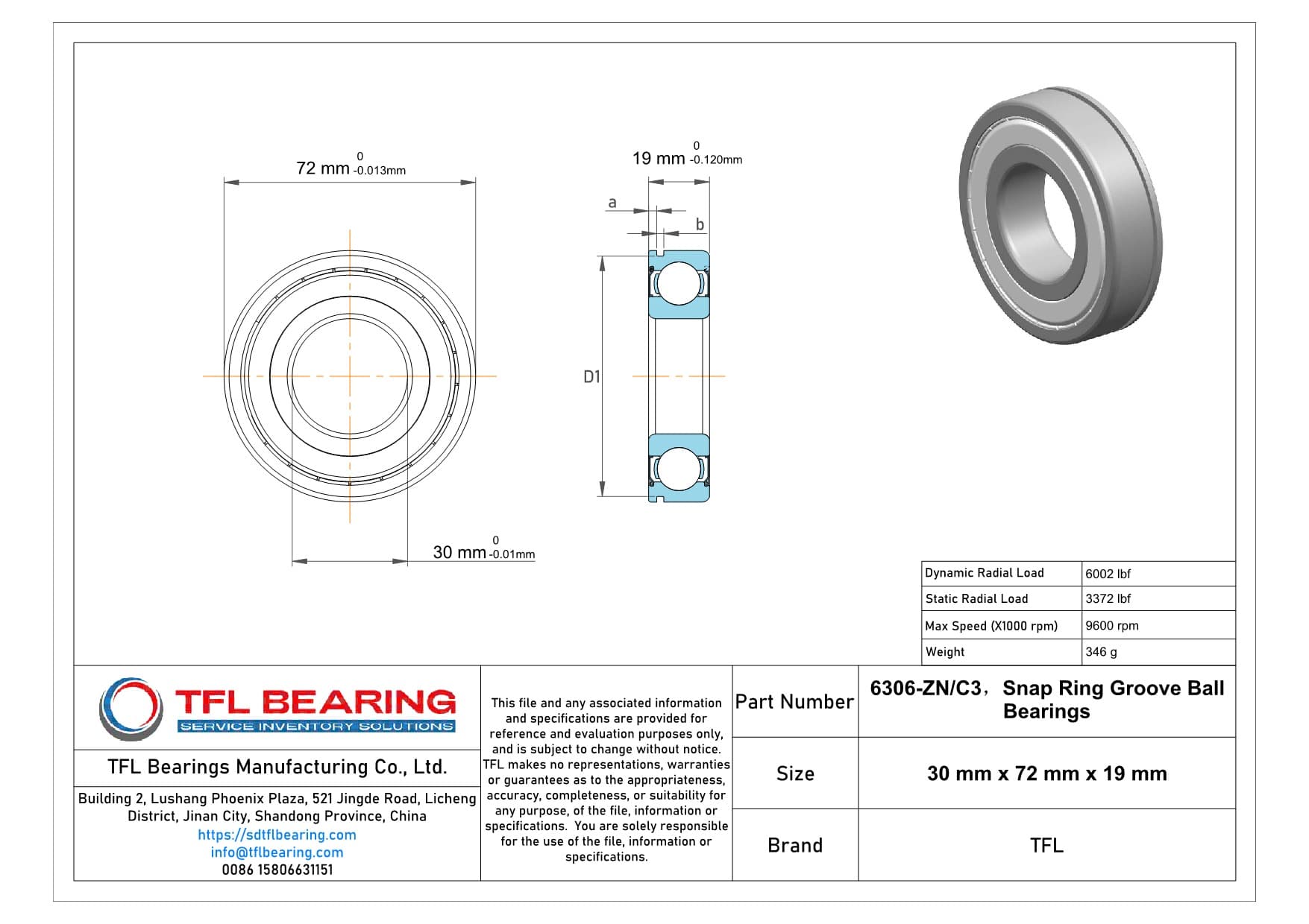 Snap Ring Groove Ball Bearings 6306-ZN/C3 Drawing.dwg