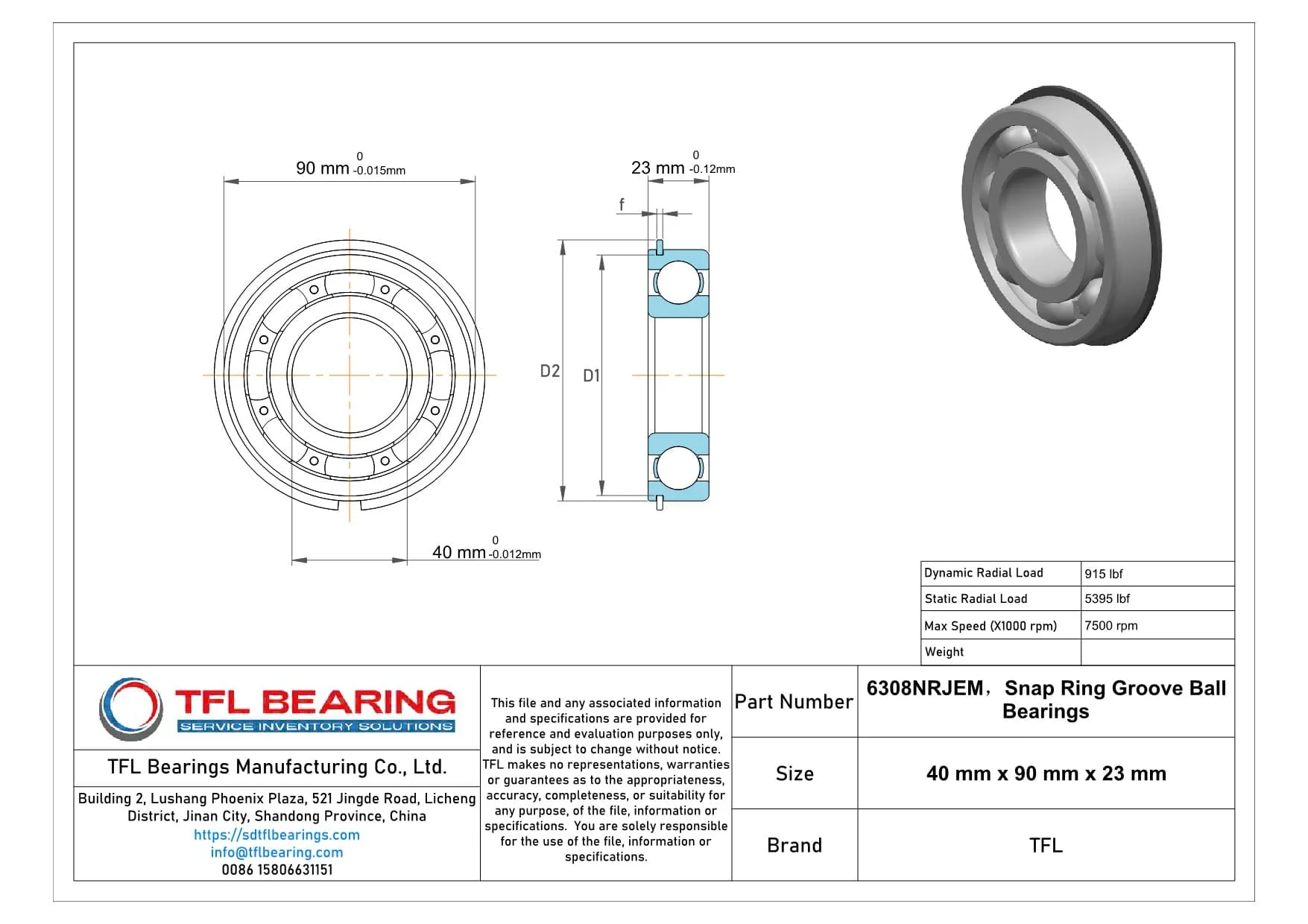 Snap Ring Groove Ball Bearings 6308NRJEM Drawing.dwg