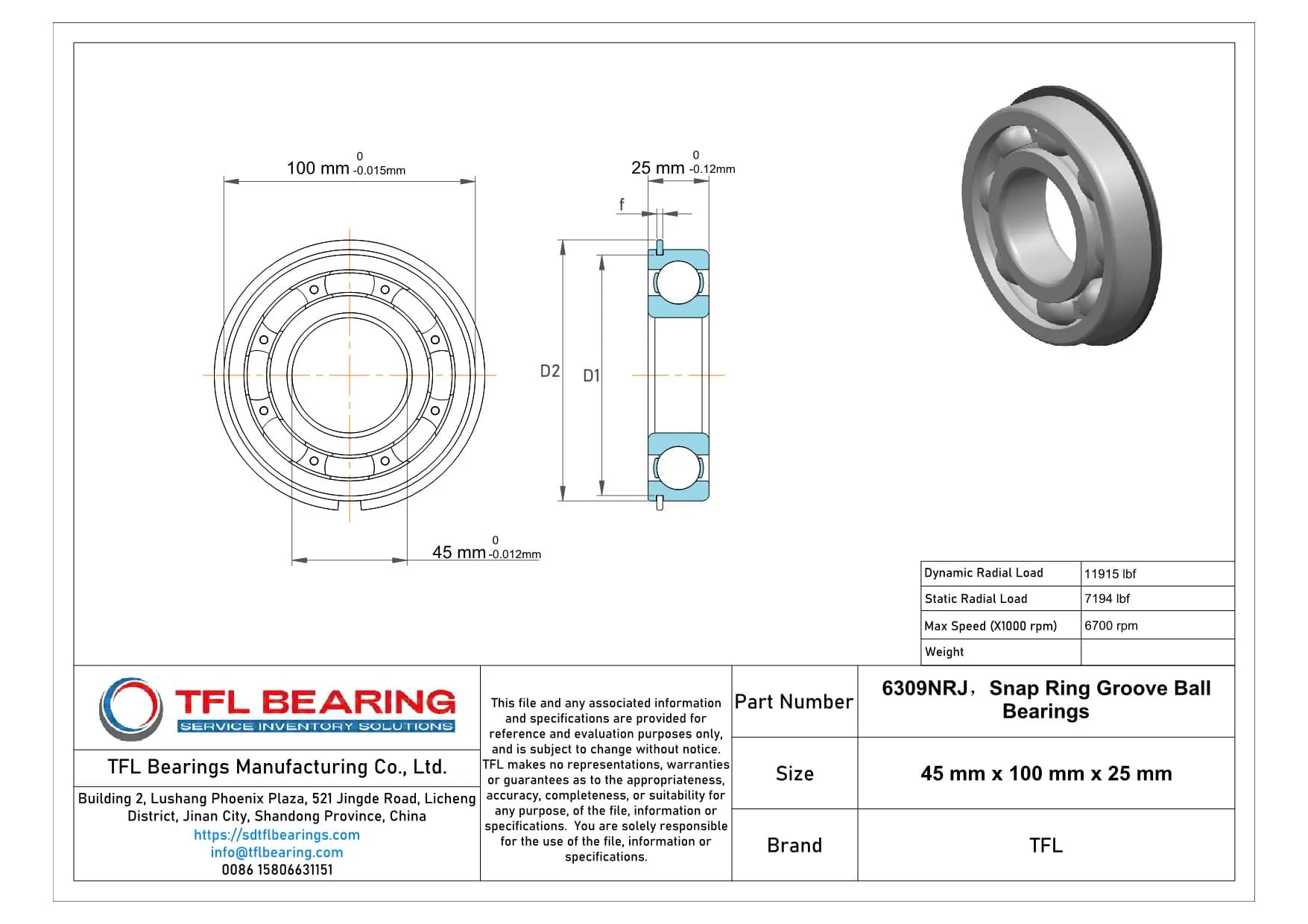 Snap Ring Groove Ball Bearings 6309NRJ Drawing.dwg