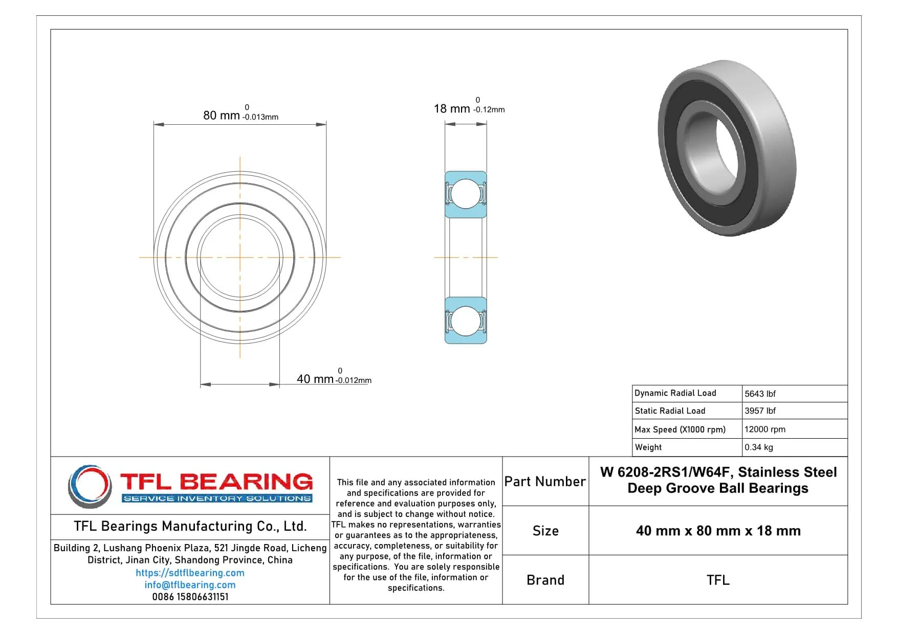 Stainless Steel Deep Groove Ball Bearings W 6208-2RS1/W64F Drawing.dwg