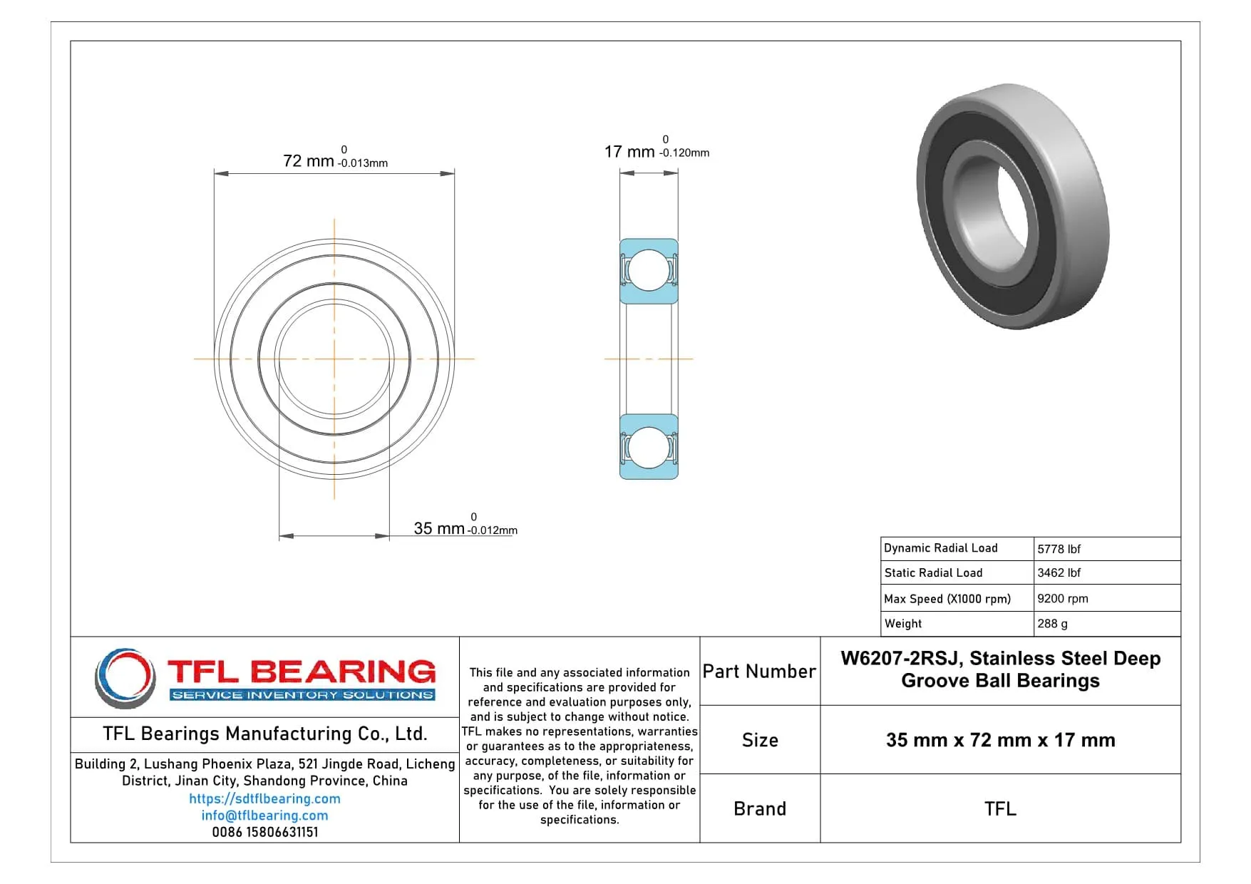 Stainless Steel Deep Groove Ball Bearings W6207-2RSJ Drawing.dwg