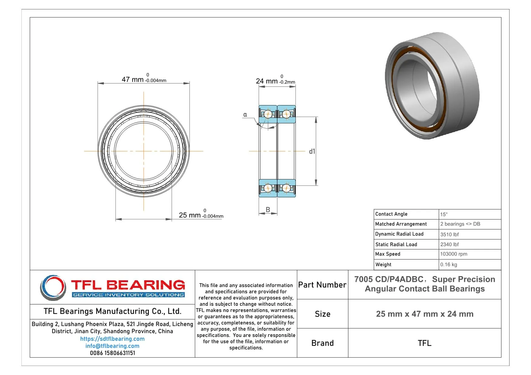 Super Precision Angular Contact Ball Bearings 7005 CD/P4ADBC Drawing.dwg