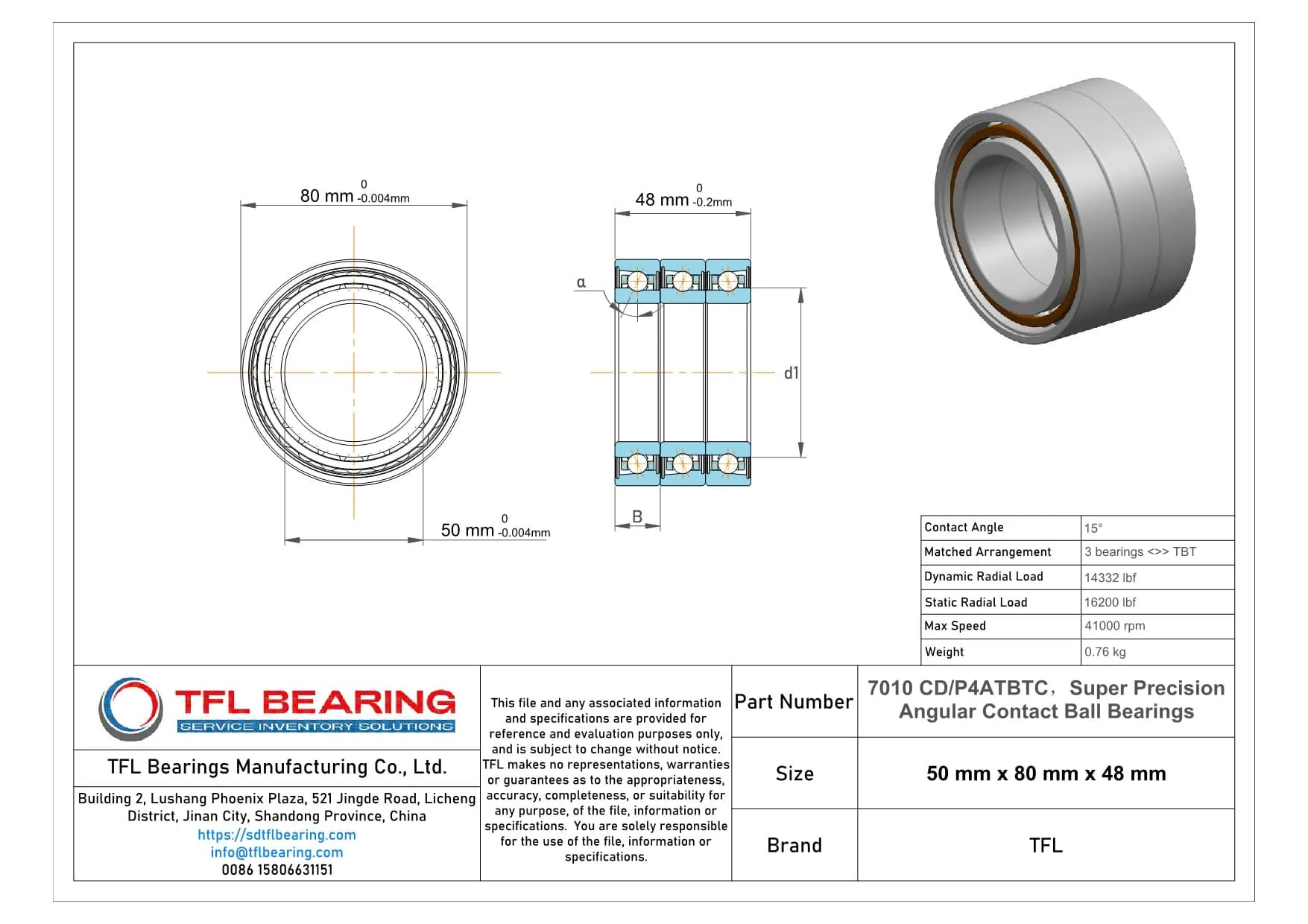 Super Precision Angular Contact Ball Bearings 7010 CD/P4ATBTC Drawing.dwg