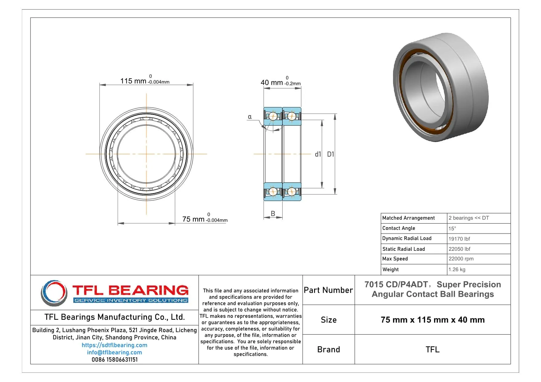 Super Precision Angular Contact Ball Bearings 7015 CD/P4ADT Drawing.dwg