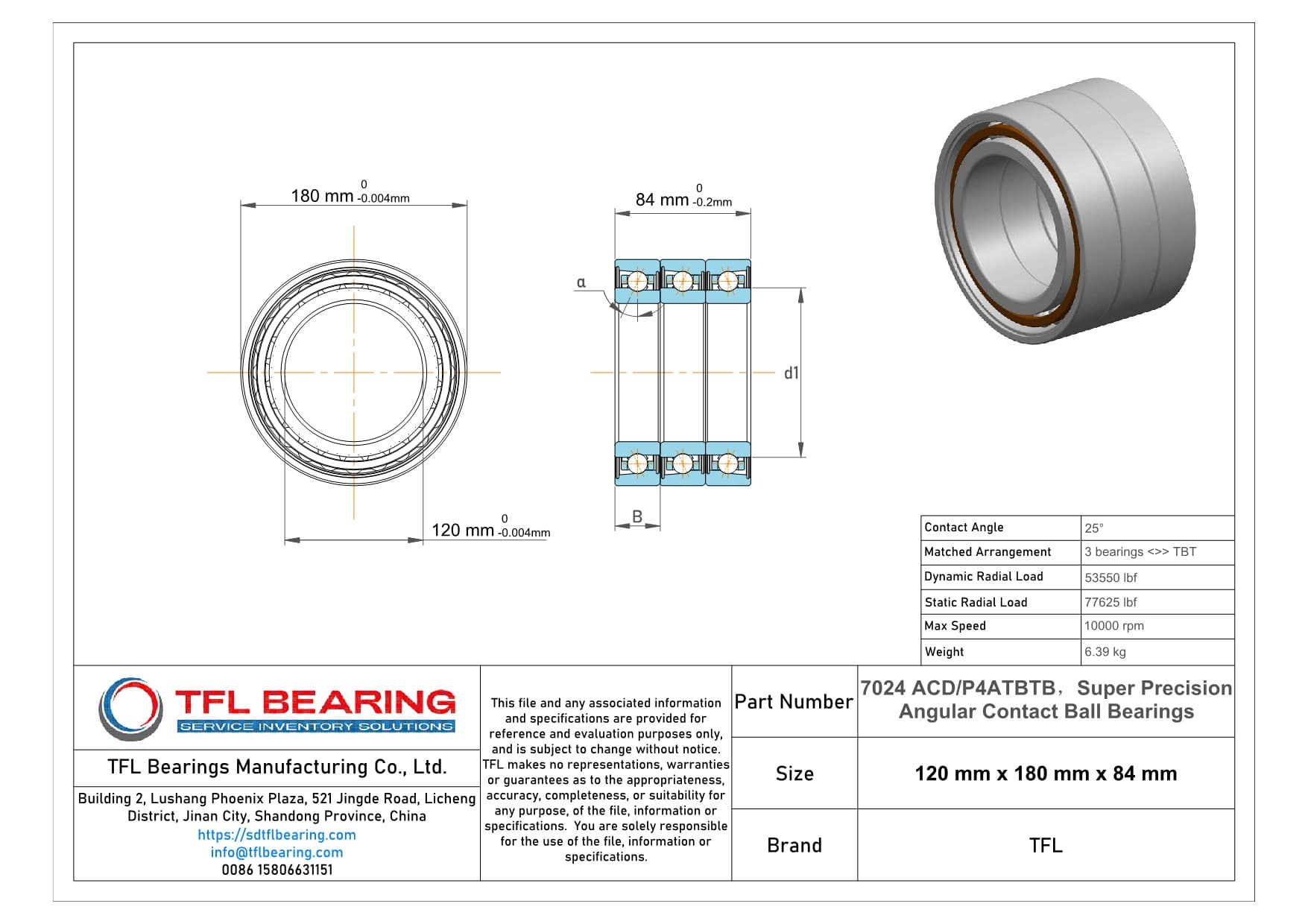 Super Precision Angular Contact Ball Bearings 7024 ACD/P4ATBTB Drawing.dwg