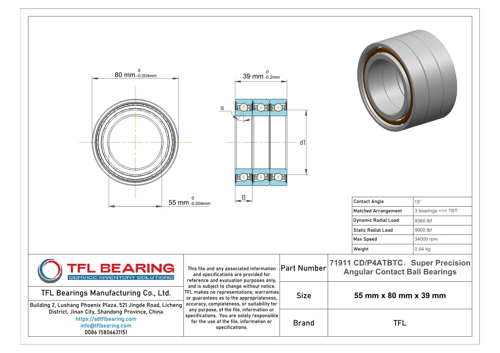 Super Precision Angular Contact Ball Bearings 71911 CD/P4ATBTC Drawing.dwg