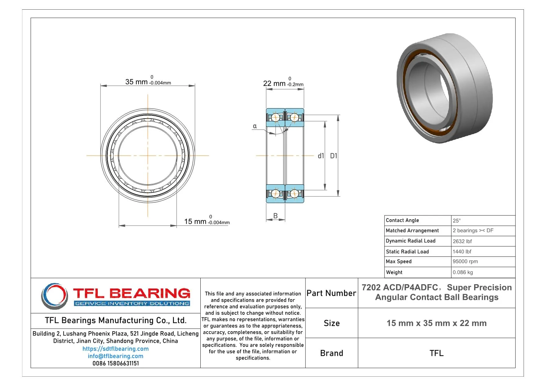 Super Precision Angular Contact Ball Bearings 7202 ACD/P4ADFC Drawing.dwg