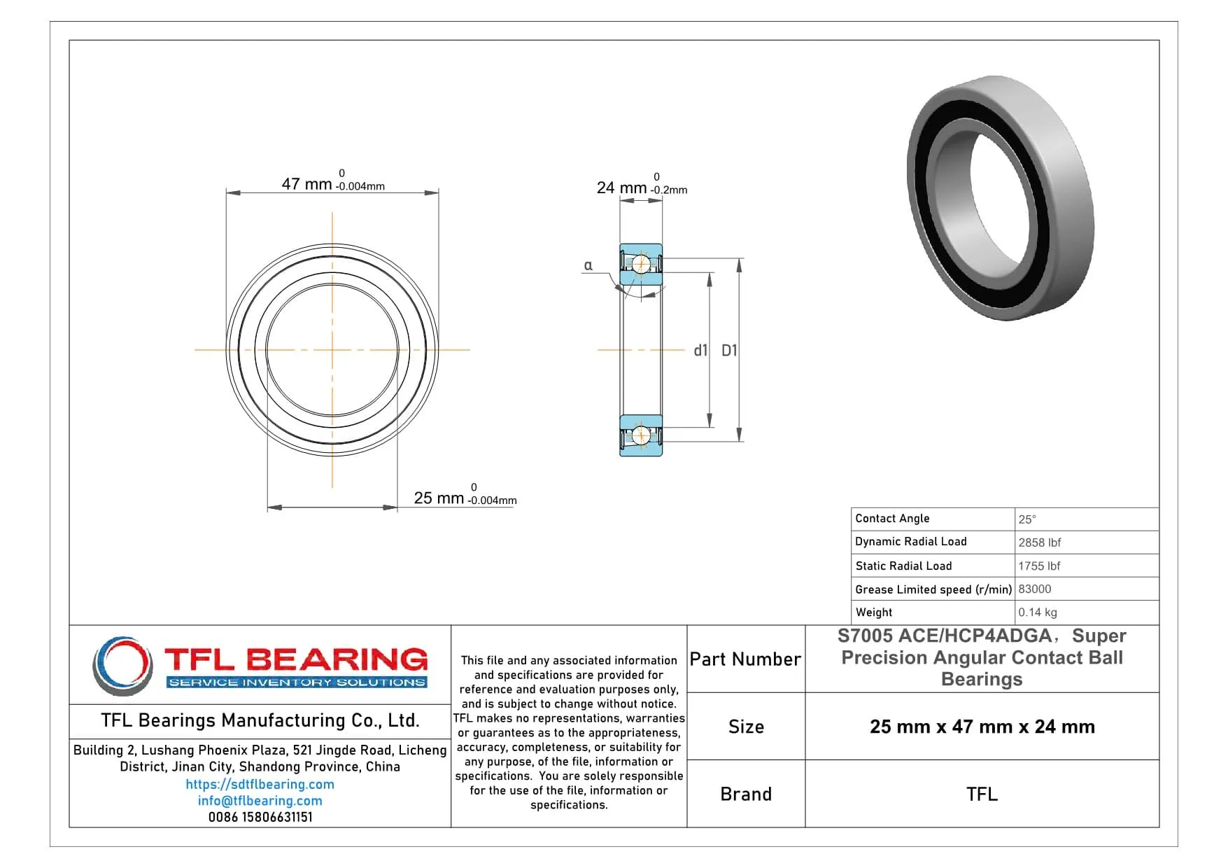 Super Precision Angular Contact Ball Bearings S7005 ACE/HCP4ADGA Drawing.dwg