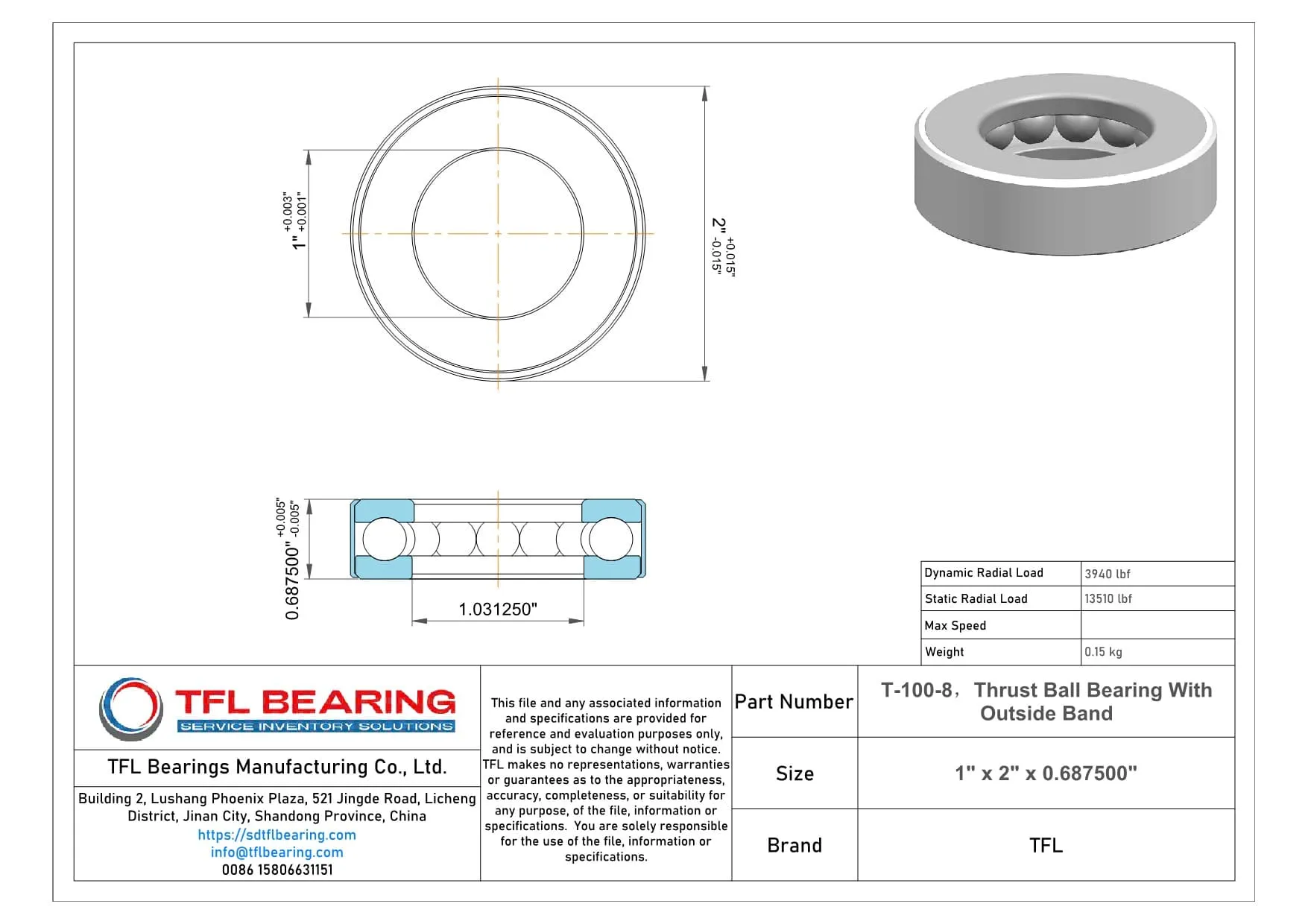Thrust Ball Bearing With Outside Band T-100-8 Drawing.dwg