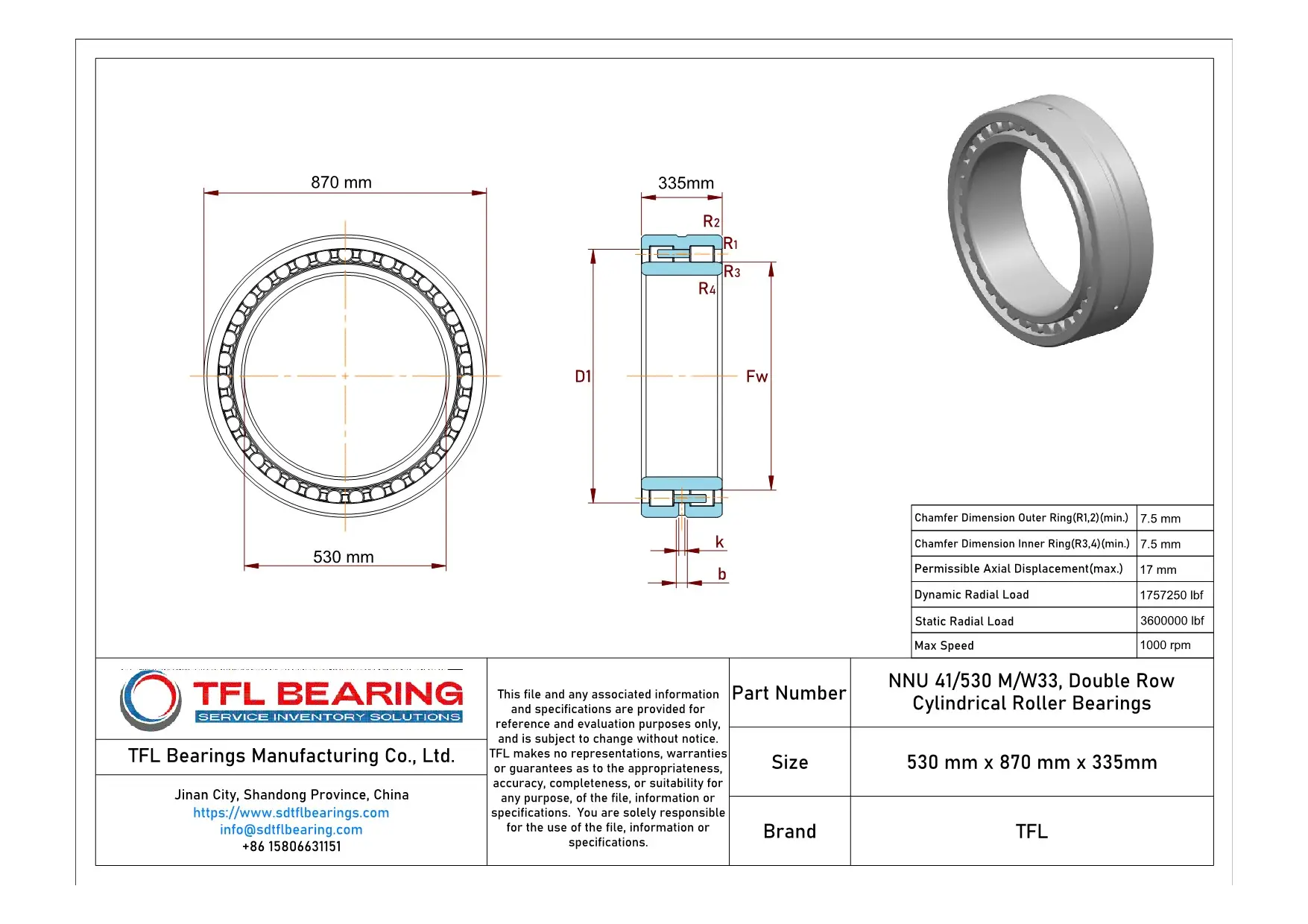 Double Row Cylindrical Roller Bearings NNU 41/530 M/W33 Drawing.dwg
