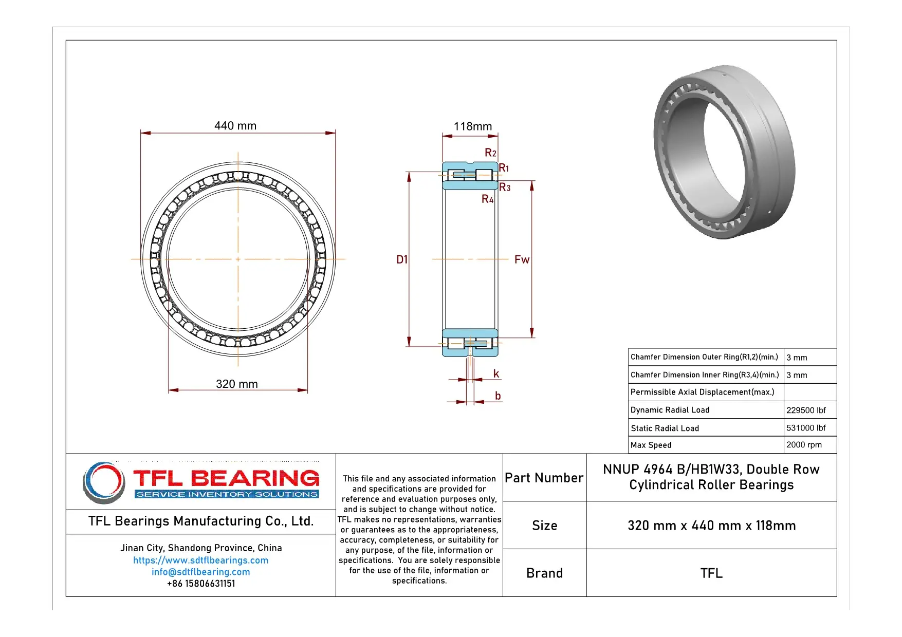 Double Row Cylindrical Roller Bearings NNUP 4964 B/HB1W33 Drawing.dwg