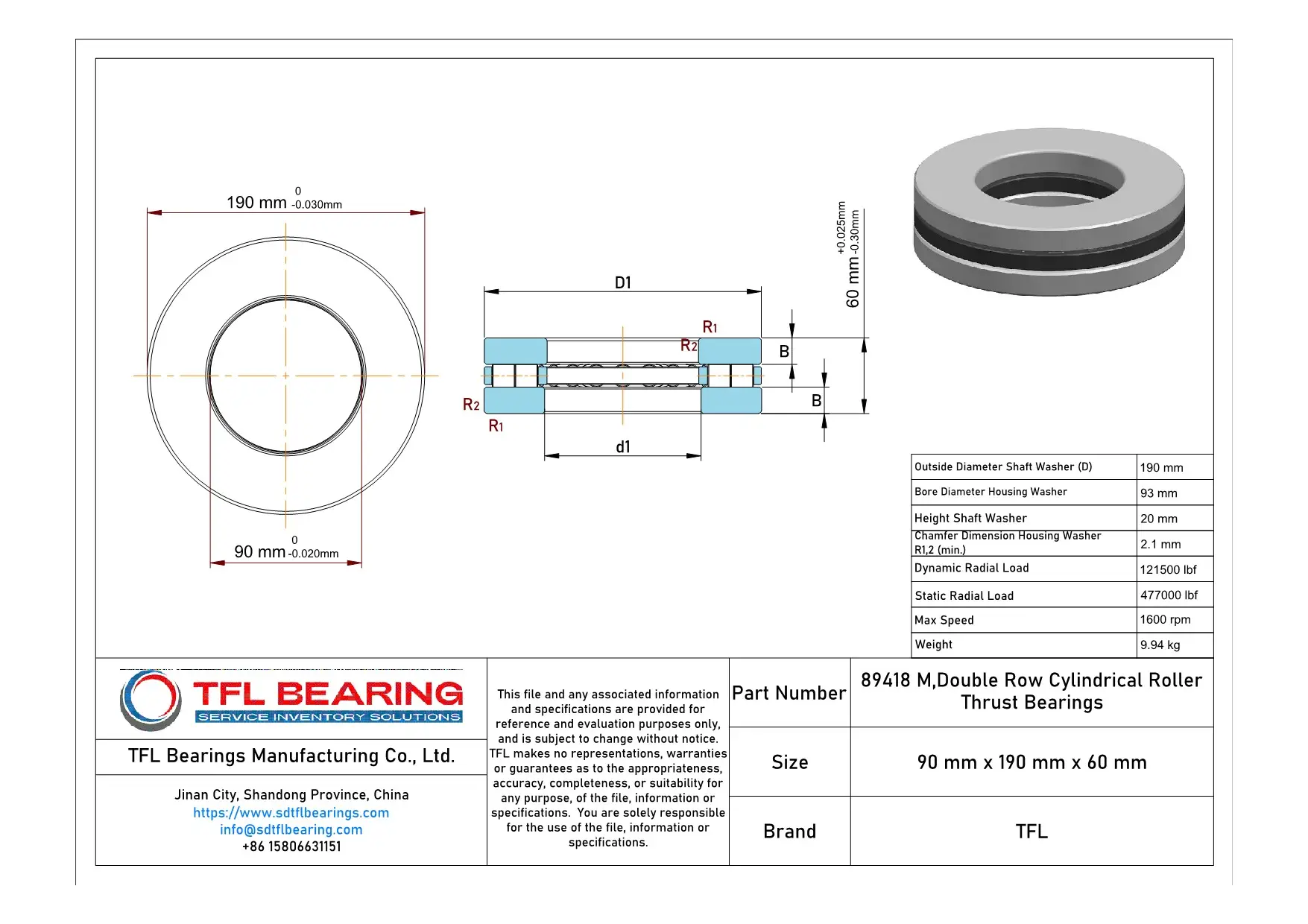 Double Row Cylindrical Roller Thrust Bearings 89418 M Drawing.dwg