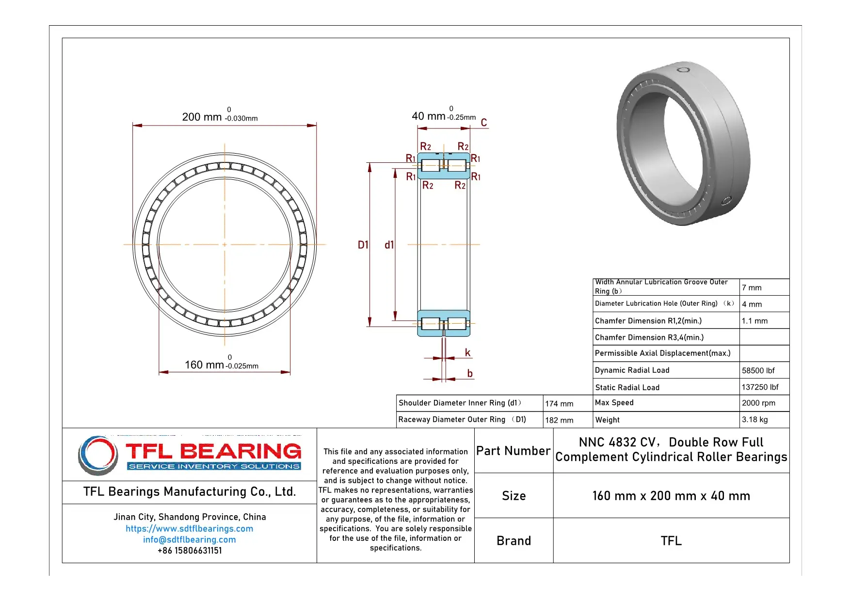 Double Row Full Complement Cylindrical Roller Bearings NNC 4832 CV Drawing.dwg
