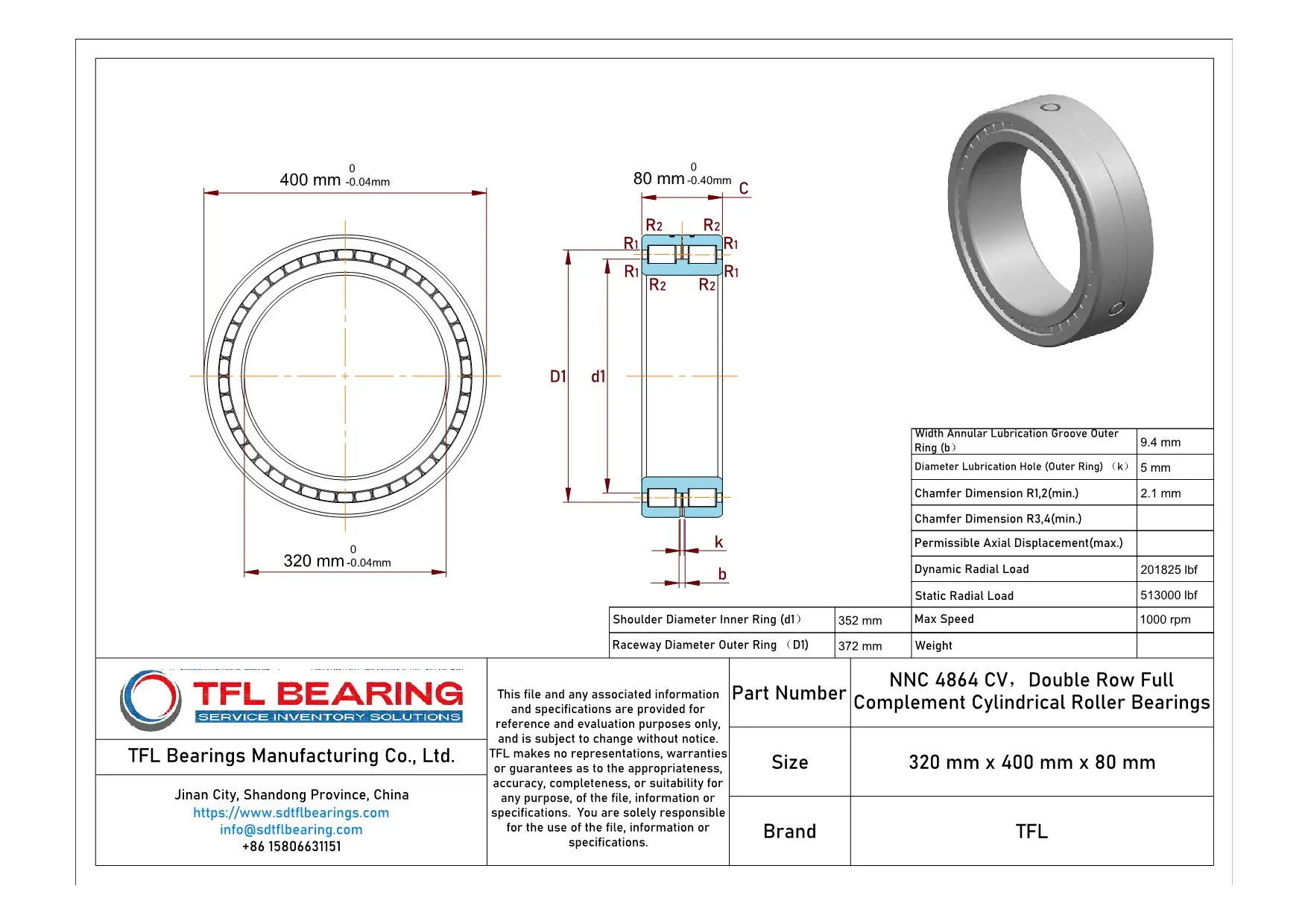Double Row Full Complement Cylindrical Roller Bearings NNC 4864 CV Drawing.dwg