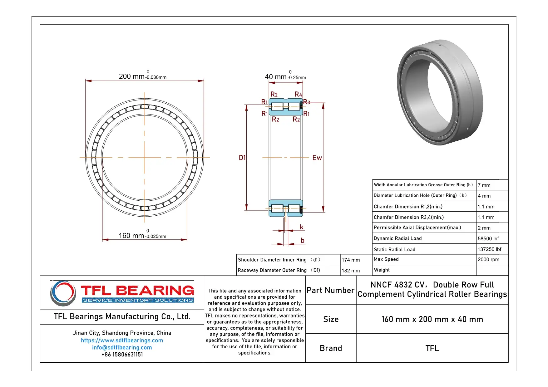 Double Row Full Complement Cylindrical Roller Bearings NNCF 4832 CV Drawing.dwg