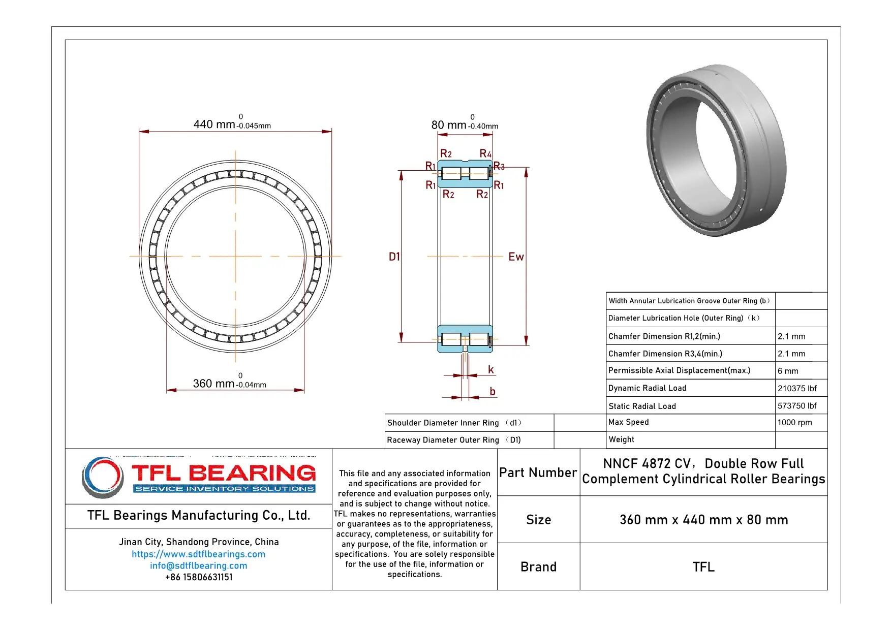 Double Row Full Complement Cylindrical Roller Bearings NNCF 4872 CV Drawing.dwg