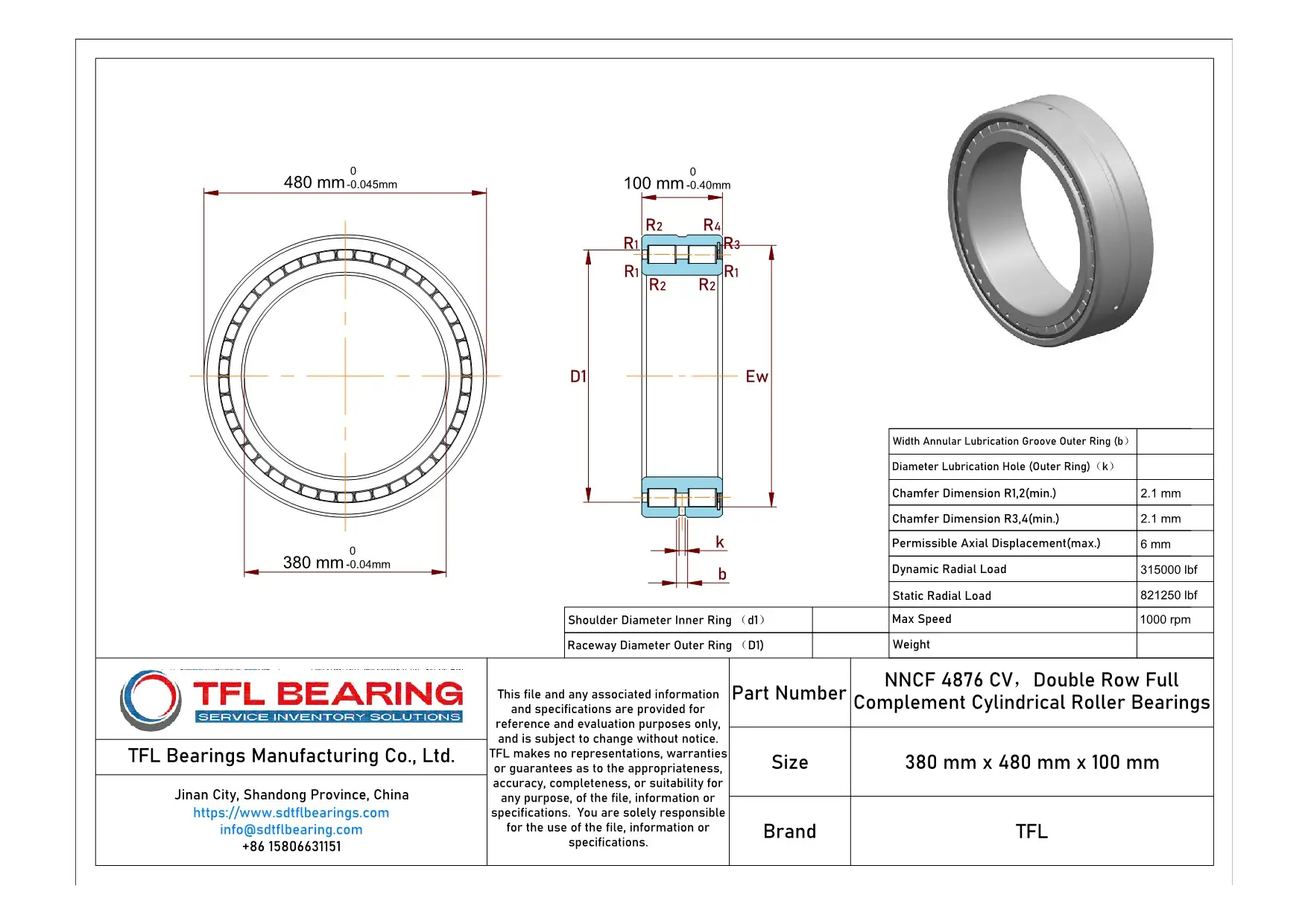 Double Row Full Complement Cylindrical Roller Bearings NNCF 4876 CV Drawing.dwg