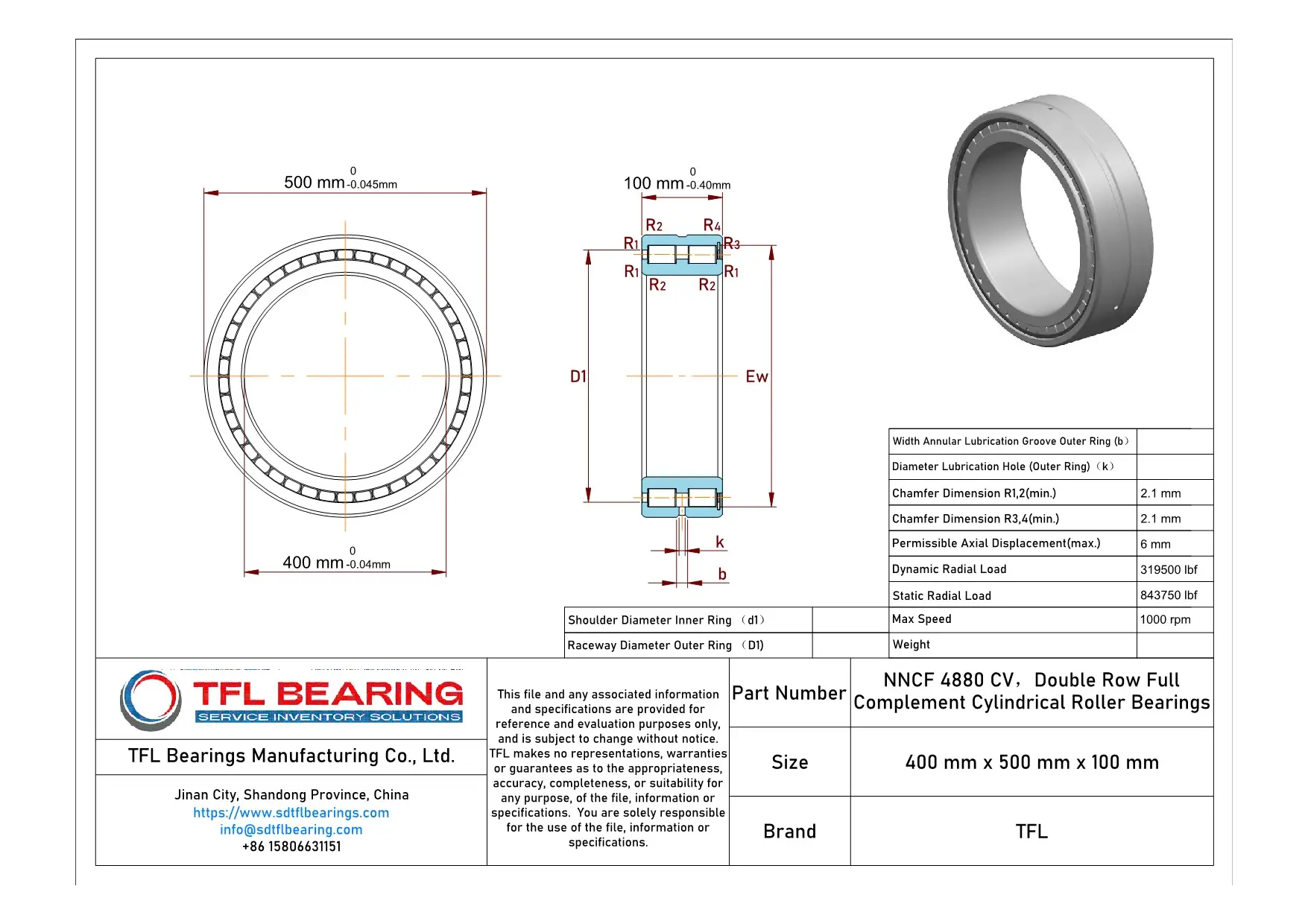 Double Row Full Complement Cylindrical Roller Bearings NNCF 4880 CV Drawing.dwg