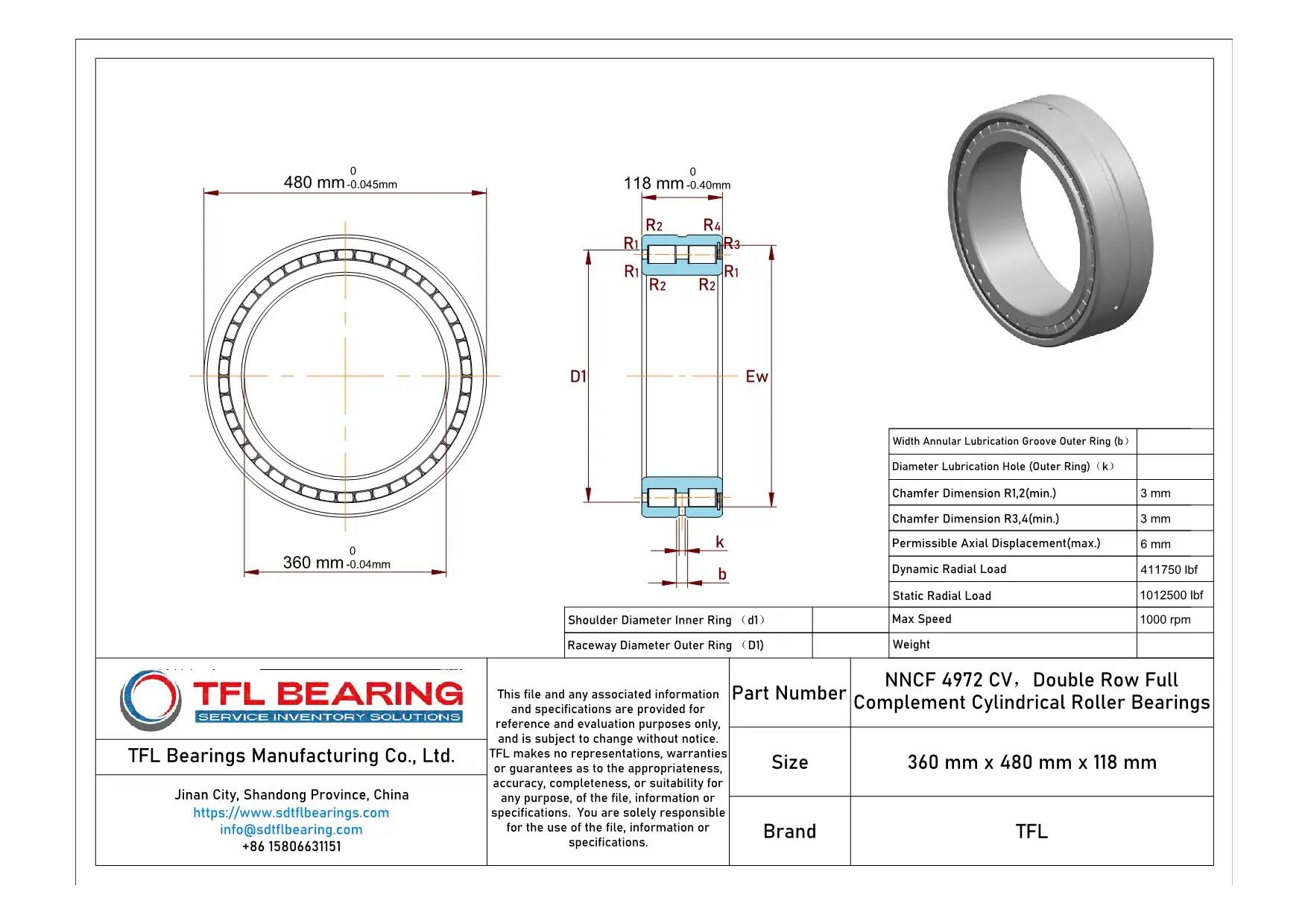Double Row Full Complement Cylindrical Roller Bearings NNCF 4972 CV Drawing.dwg