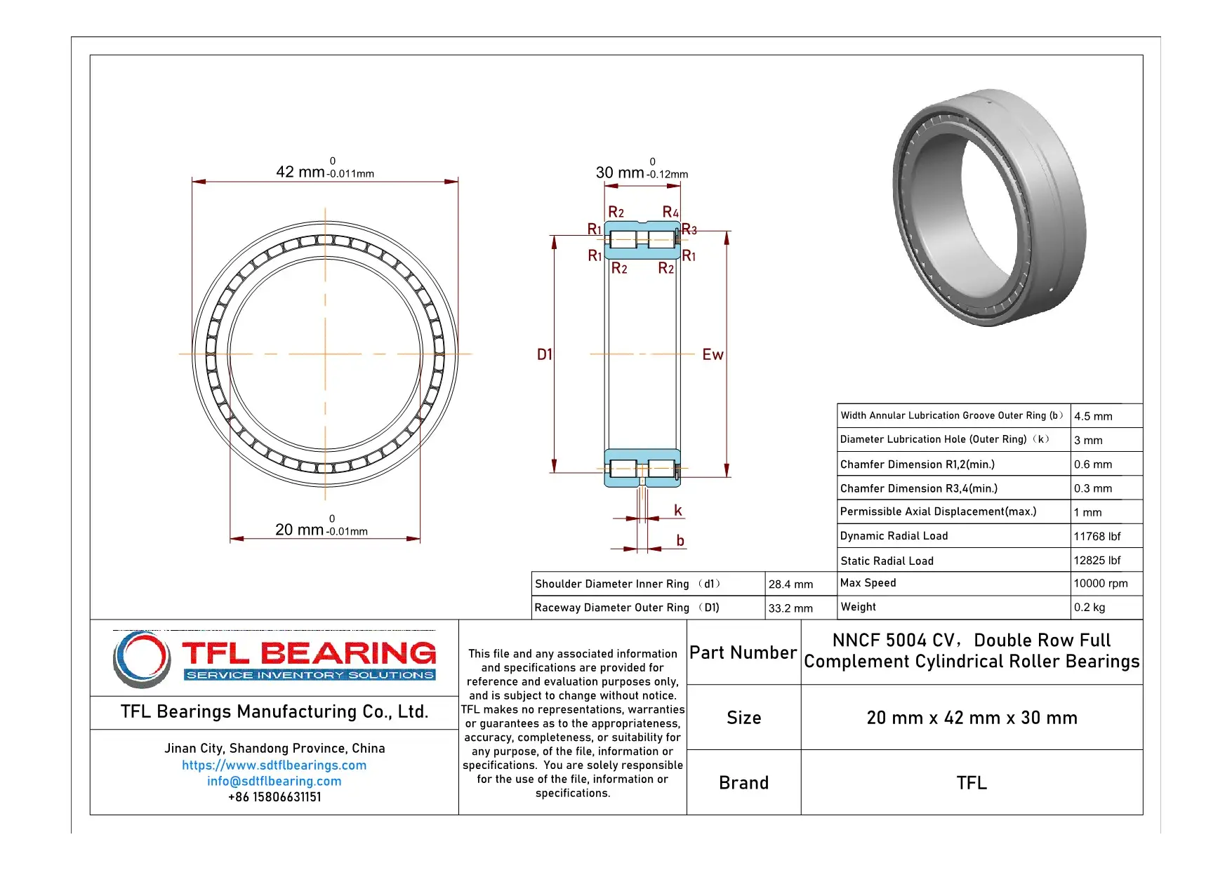 Double Row Full Complement Cylindrical Roller Bearings NNCF 5004 CV Drawing.dwg
