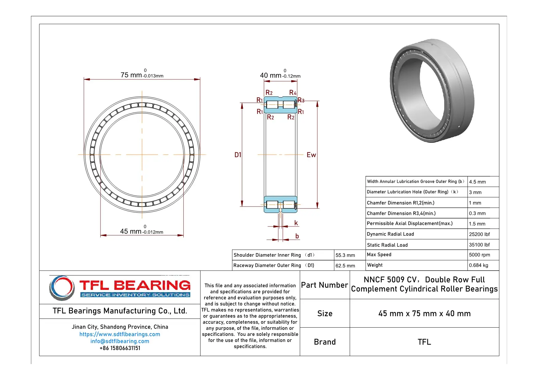 Double Row Full Complement Cylindrical Roller Bearings NNCF 5009 CV Drawing.dwg