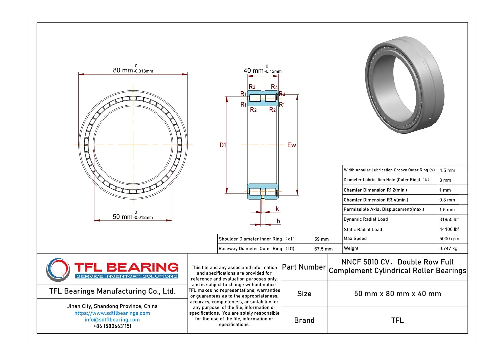 Double Row Full Complement Cylindrical Roller Bearings NNCF 5010 CV Drawing.dwg